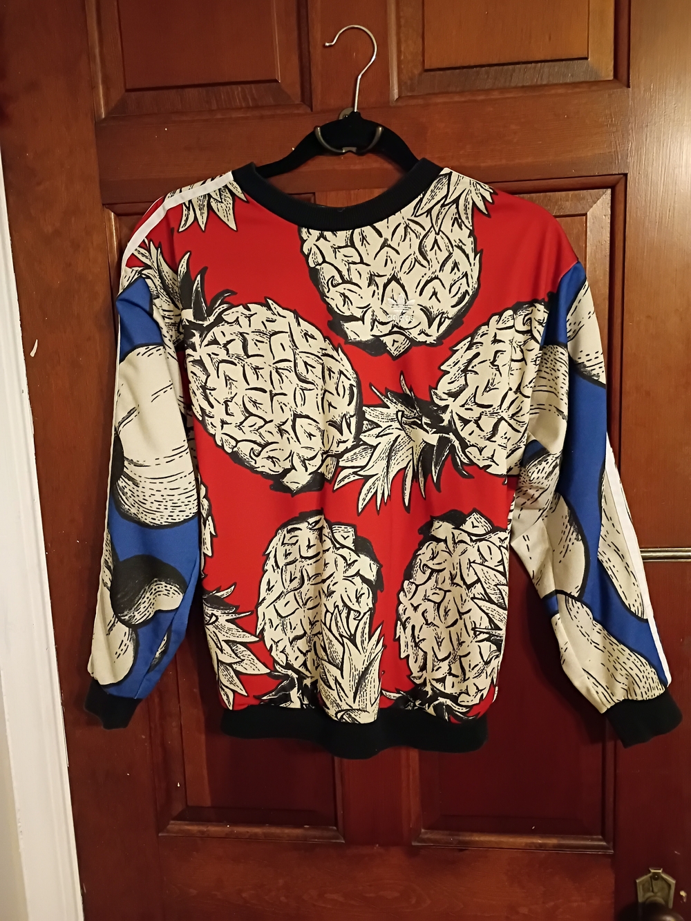 Adidas Red Pineapple Print Crewneck Sweater with Blue Accents Size XS